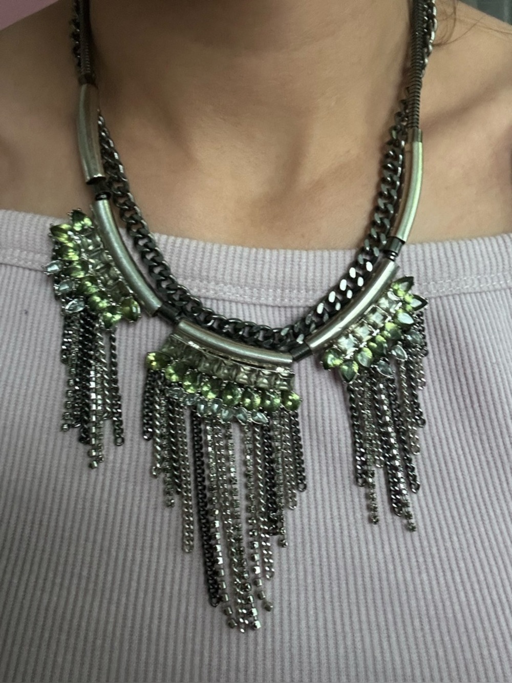 Elegant Silver and Green Statement Necklace